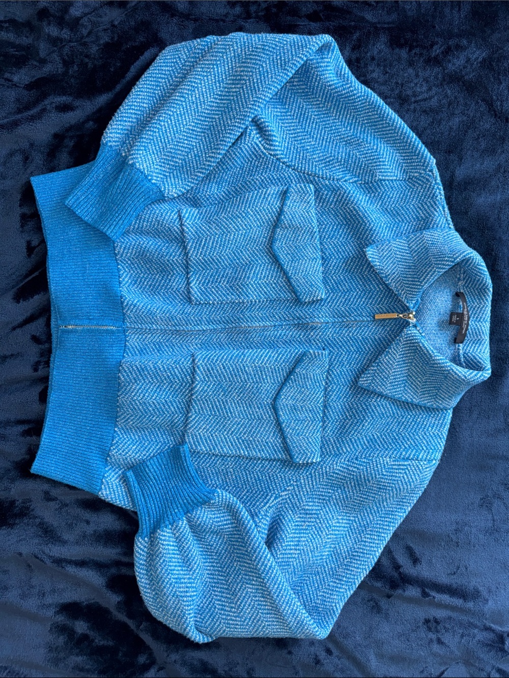 Marc New York Bright Blue Zip Front Herringbone Sweater Jacket